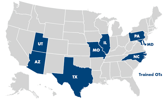 Map of United States showing locations of trained OTs