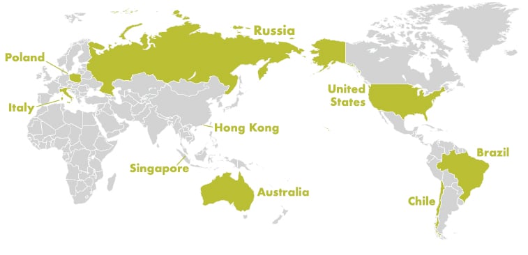 Map of globe showing locations of trailed OTs
