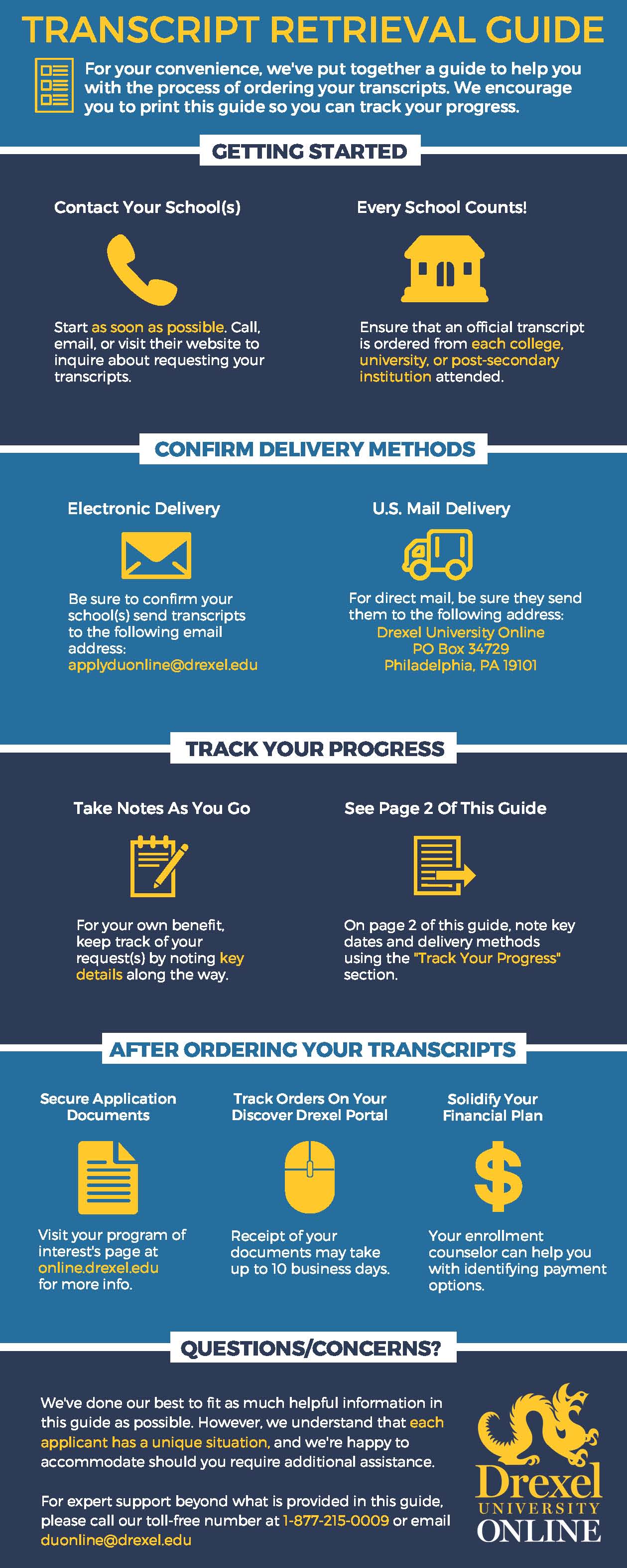 Infographic helping prospective online students requesting transcripts. Created by Drexel University Online.